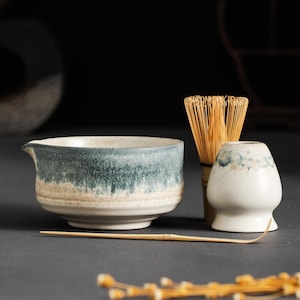 Handmade Azure Frost Matcha Set: Bowl, Whisk, Scoop & Holder