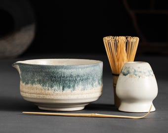 Handmade Azure Frost Matcha Set: Bowl, Whisk, Scoop & Holder