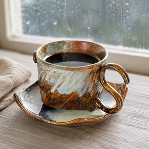 Puede incluir: Un juego de taza de café y platillo de cerámica con un esmalte reactivo que presenta patrones de remolinos en marrón oscuro, crema y toques de azul. La taza tiene un cuerpo ancho y redondeado con un asa curva y un borde ondulado.