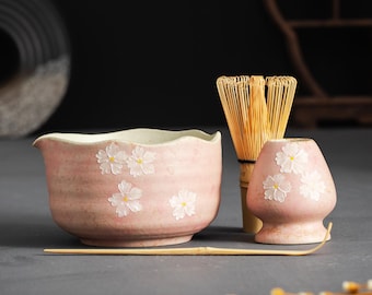 Handcrafted Cherry Blossom Pink Matcha Set with Bowl