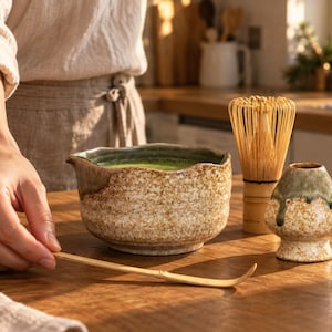 Groene gespikkelde matcha kom set met schenktuit, handgemaakte keramische chawan, bamboe garde en schepje, kerstcadeau voor theeliefhebbers