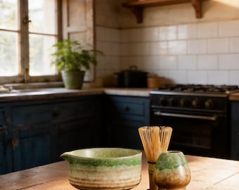 May include: A ceramic matcha bowl with a green and beige gradient glaze, a bamboo whisk, a ceramic whisk holder in matching green and beige tones, and a thin bamboo scoop arranged on a wooden surface in a kitchen setting.
