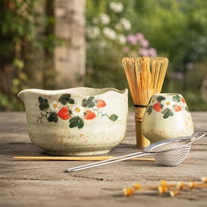 Handgefertigtes Matcha-Schalen-Set im Vintage-Stil, beige mit Erdbeerblütenmuster, Ausguss, gesprenkelter Stil, 4-teiliges Matcha-Geschenkset für die Teezeremonie