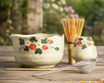 Handcrafted Vintage Strawberry Blossom Beige Matcha Bowl Set Spout Mottled Style Matcha Gift Set of 4 Tea Ceremony Set