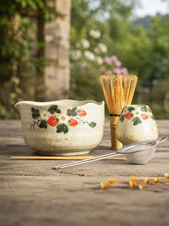 Handcrafted Vintage Strawberry Blossom Beige Matcha Bowl Set Spout Mottled Style Matcha Gift Set of 4 Tea Ceremony Set