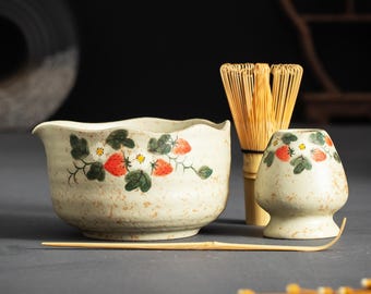 Handcrafted Vintage Strawberry Blossom Beige Matcha Bowl Set Spout Mottled Style Matcha Gift Set of 4 Tea Ceremony Set