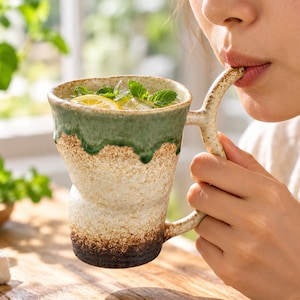 May include: A ceramic mug with a textured, speckled cream-coloured body, a dark brown base, and a green drip glaze around the rim. The mug features a unique handle that extends upwards from the rim, containing a beverage with lemon and mint.