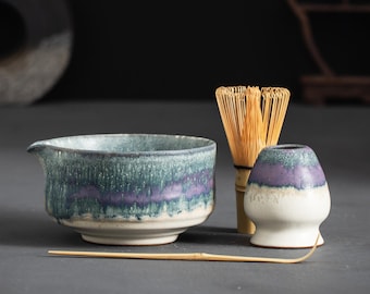 Aurora Borealis Matcha Bowl - Teal Green Flowing Glaze with Purple Ring Chawan - Wabi-Sabi Japanese Ceramic - Unique Zen Tea Ceremony Gift