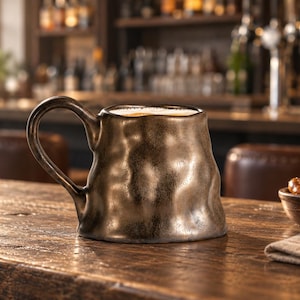May include: A metallic bronze-toned mug with a distinctively uneven, hammered texture and a wide, curved handle. The mug features a wide base that tapers slightly toward the top rim, containing a light-colored beverage with a foamy surface.