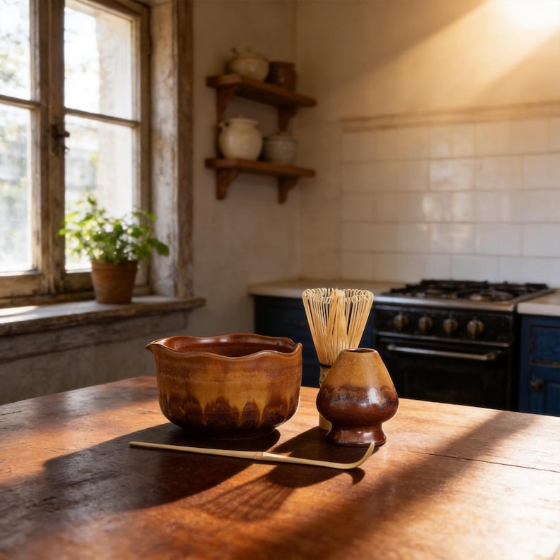 May include: A brown ceramic matcha bowl with a scalloped rim, a light-colored bamboo matcha whisk, a dark brown ceramic whisk holder, and a long, thin bamboo tea scoop arranged on a wooden surface in a kitchen setting with natural light.