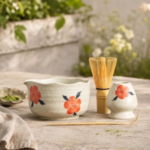 Juego de té matcha artesanal con estampado floral naranja, chawan de cerámica pintado a mano con batidor, kit de tazón de té estilo cottagecore, regalo para amantes del té.