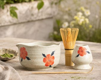 Handmade Orange Floral Matcha Set, Hand Painted Ceramic Chawan with Whisk, Cottagecore Tea Bowl Kit, Gift for Tea Lover