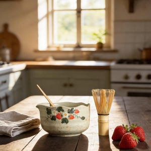 May include: A ceramic bowl with a scalloped rim and a hand-painted strawberry pattern, containing a wooden spoon. Beside the bowl sits a bamboo matcha whisk and three fresh red strawberries. The items are arranged on a dark wooden surface.