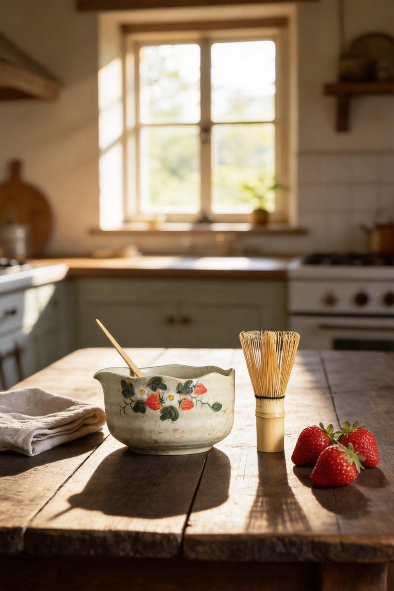 May include: A ceramic bowl with a scalloped rim and a hand-painted strawberry pattern, containing a wooden spoon. Beside the bowl sits a bamboo matcha whisk and three fresh red strawberries. The items are arranged on a dark wooden surface.