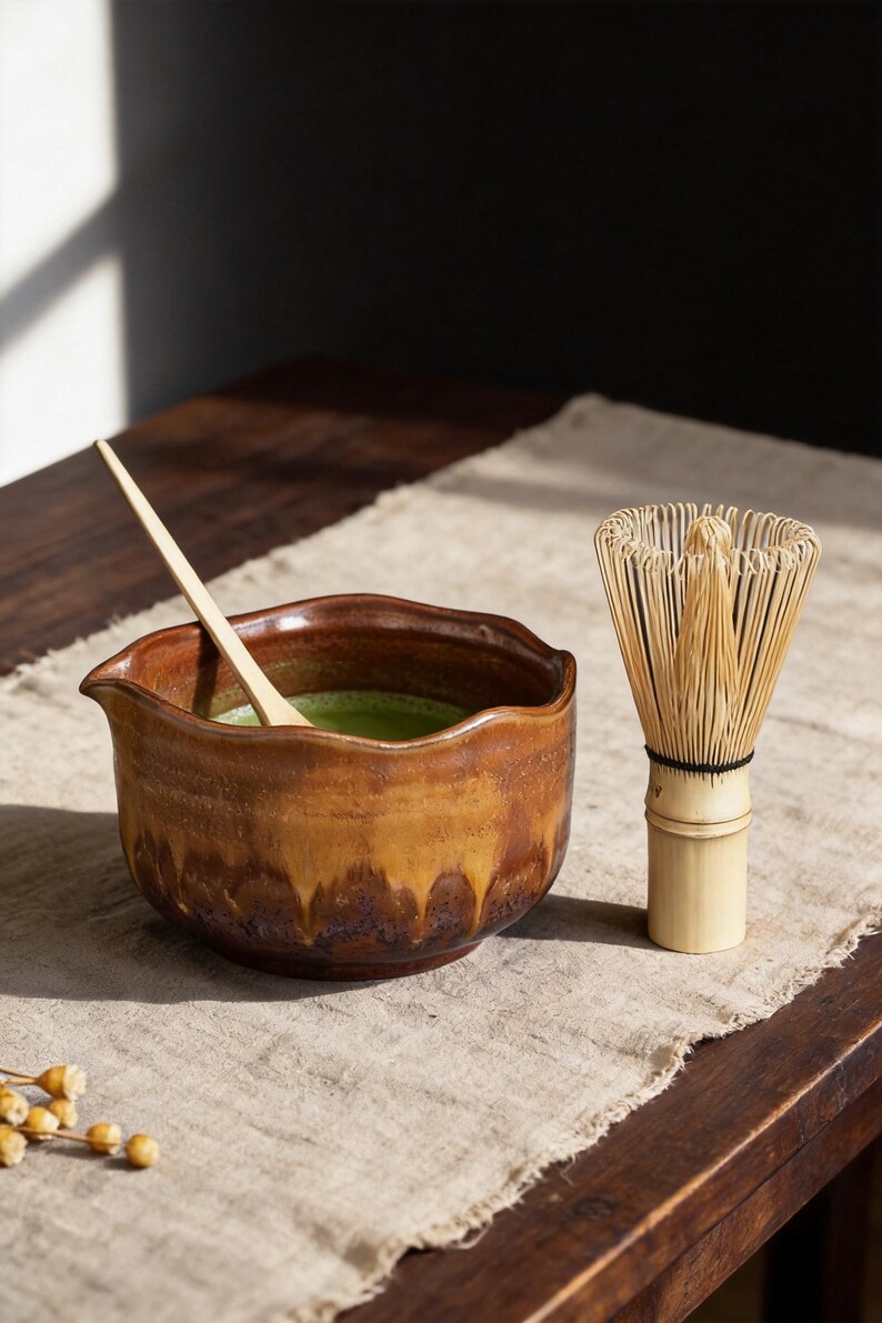 May include: A brown ceramic bowl with a wavy rim containing green matcha tea, a light-colored wooden scoop resting inside, and a bamboo whisk with thin, flexible tines standing upright next to the bowl on a textured fabric surface.