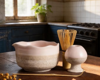 Juego de matcha de cerámica rosa hecho a mano: regalo para la ceremonia del té estilo playa
