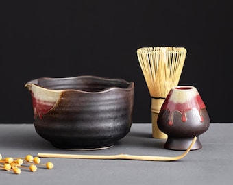 Handmade Black and Red Natural Glaze Matcha Bowls 4 Piece Gift Set Matcha Set Personalized Gift