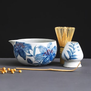 Handcrafted Blue Lily Matcha Bowl Set with Spout Matcha Gift Set of 4 Tea Ceremony Set Personalized Gift for Her