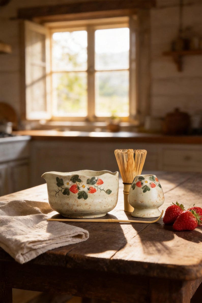 May include: A ceramic matcha bowl and a matching whisk holder, both featuring a speckled cream finish with hand-painted red strawberries and green leaves. A bamboo whisk and a bamboo scoop are included, alongside two fresh red strawberries.