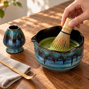 Puede incluir: Un cuenco de matcha y un soporte para batidor de cerámica con un acabado de esmalte de goteo azul y negro. Un batidor de bambú está sumergido en té verde dentro del cuenco, junto a una cuchara de té de bambú sobre un paño de lino gris.