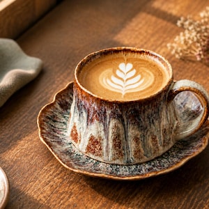 May include: A ceramic coffee cup and matching saucer featuring a reactive glaze with brown, cream, and dark grey drip patterns. The cup is filled with a latte topped with a white fern-shaped foam design, showcasing a textured, organic finish.