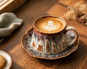 May include: A ceramic coffee cup and matching saucer featuring a reactive glaze with brown, cream, and dark gray drip patterns. The cup is filled with a latte topped with a white fern-shaped foam design, showcasing a textured, organic finish.