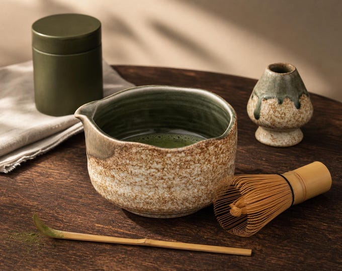 Green Speckled Matcha Bowl Set with Spout, Handmade Ceramic Chawan, Bamboo Whisk and Scoop, Christmas Gift for Tea Lovers