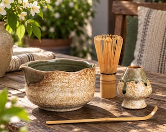 Juego de cuenco para matcha verde moteado con boquilla, chawan de cerámica hecho a mano, batidor y cuchara de bambú, regalo de Navidad para amantes del té.