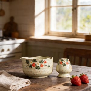 May include: A cream-colored ceramic mixing bowl with a spout and a matching whisk holder, both featuring a hand-painted pattern of red strawberries and green leaves with brown speckles throughout the surface, accompanied by two fresh strawberries.