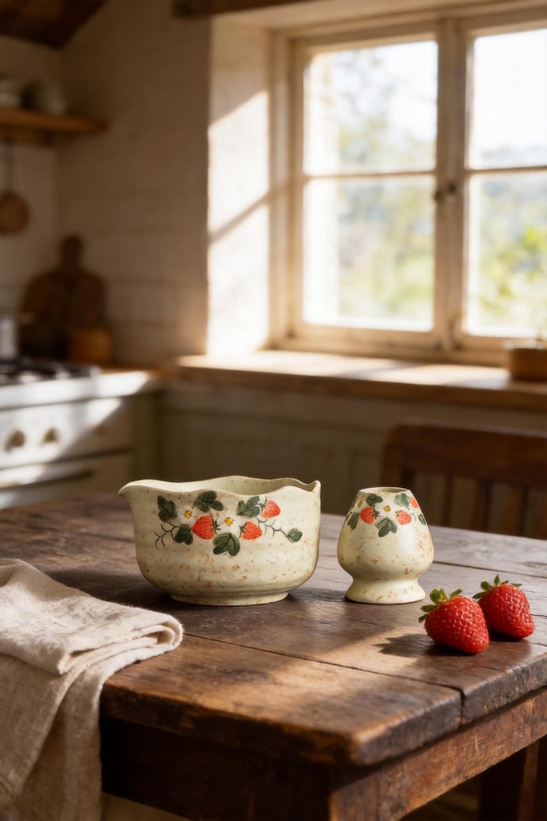 May include: A cream-colored ceramic mixing bowl with a spout and a matching whisk holder, both featuring a hand-painted pattern of red strawberries and green leaves with brown speckles throughout the surface, accompanied by two fresh strawberries.
