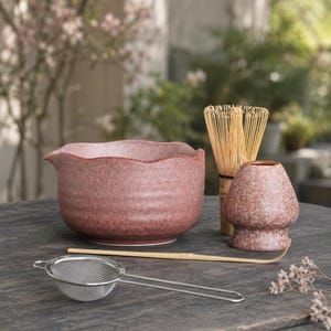 Pink Matcha Bowl Set with Bamboo Whisk, Handmade Ceramic Chawan with Spout, Vintage Snow Pink Matcha Kit, Tea Lover Gift