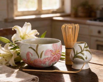 Handcrafted Pink Lily Matcha Bowl Set: Tea Ceremony Gift