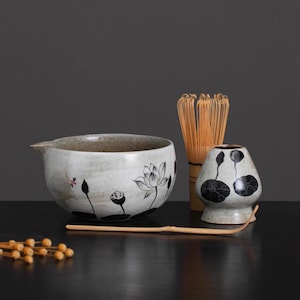Handcrafted Expressive Lotus Matcha Bowl Set with Spout Matcha Gift Set of 4 Tea Ceremony Set Gift Ideas