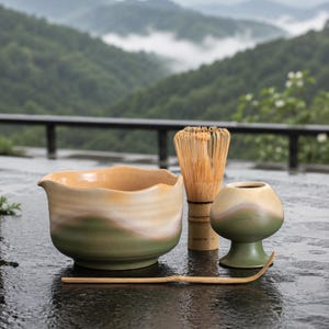 Handgefertigtes Matcha-Set aus grüner Keramik, bestehend aus Schale mit Ausguss, Bambusbesen und -löffel – ein erdiges Matcha-Geschenk im Wabi-Sabi-Stil.