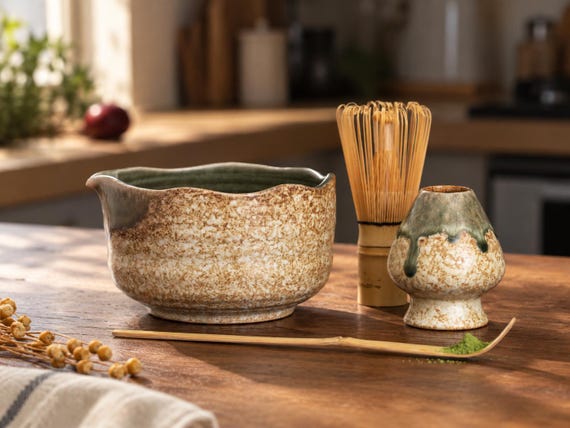 Green Speckled Matcha Bowl Set with Spout, Handmade Ceramic Chawan, Bamboo Whisk and Scoop, Christmas Gift for Tea Lovers