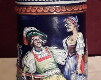 Vintage Gerz #93 Pewter Lidded Stoneware Cobalt Full Color German Beer Stein 0.5L 9.5" Height with Medieval Tavern Scene - Western Germany