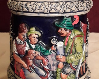 Vintage Thewalt #1257 Pewter Zinn Lid Stoneware Cobalt Full Color German Beer Stein 0.5L 7 1/4" Height with Hunting Scene - Western Germany