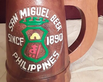 Vintage San Miguel Beer Philippines Hand Carved Wood Stein Mug 5" Height Made in Philippines