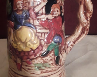 Vintage Toyo Music Box Ceramic German Style Beer Stein with Dancing Maiden and Flute Player 7.5" Height Made In Japan