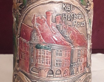 Vintage Thewalt "Gruss aus Munchen" Pewter Lid Ceramic Full Color German Beer Stein with Munich Scenes 0.5L 9.5" Tall - Made Western Germany