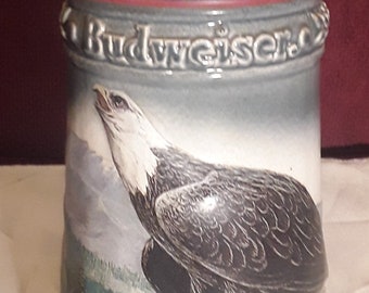 Vintage 1991 Anheuser Busch Budweiser Birds of Prey Bald Eagle Pewter Lidded Ceramic Beer Stein Limited Edition 10.5" Height Made In Germany