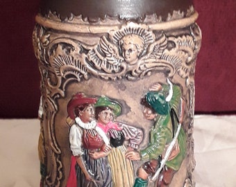 Vintage Thewalt "Auf Der Alm" #165 Lidded Pewter Ceramic Full Color German Beer Stein 0.5L 9.5" Height - Made In Germany