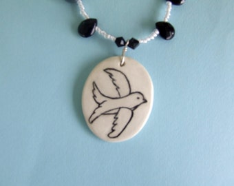 Handmade Necklace with Black and White Swallow Pendant