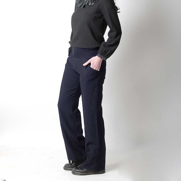 Pantalon large femme bleu marine à ceinture extensible, pantalon élégant MALAM, taille S, M, L ou autre