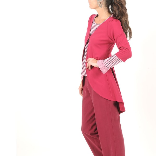 Veste femme en jersey rose fuchsia forme queue de pie, manches 3/4, Gilet rose foncé long élégant, MALAM, Taille 40, 44
