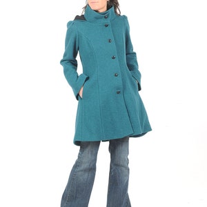 Womens green-blue winter wool coat, Hooded feminine wool coat with flared sleeves, MALAM, Any size image 1