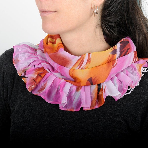 Foulard tour de cou à volants rose et orange, Accessoire printemps-été, MALAM, Idée cadeau fête des mères