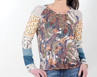 Fun patchwork top, White, blue, orange floral jersey top, Womens clothing, MALAM, Size UK 16