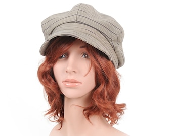 Casquette gavroche rétro, coton vintage rayé taupe et marron, Chapeaux femme 57 cm , MALAM