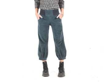 Blue-grey corduroy pants with stretchy belt, women's winter ankle length puffy trousers, Any size
